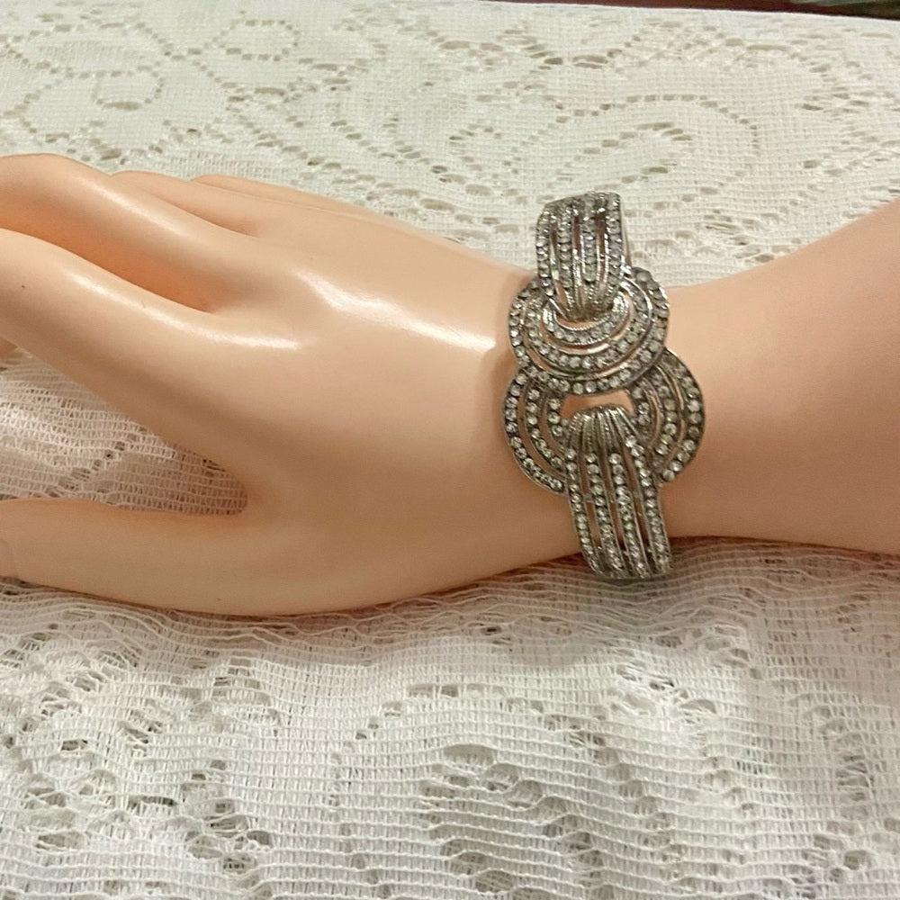 Art Deco, Clear Crystal, Chunky Silver Tone Hinged Bracelet