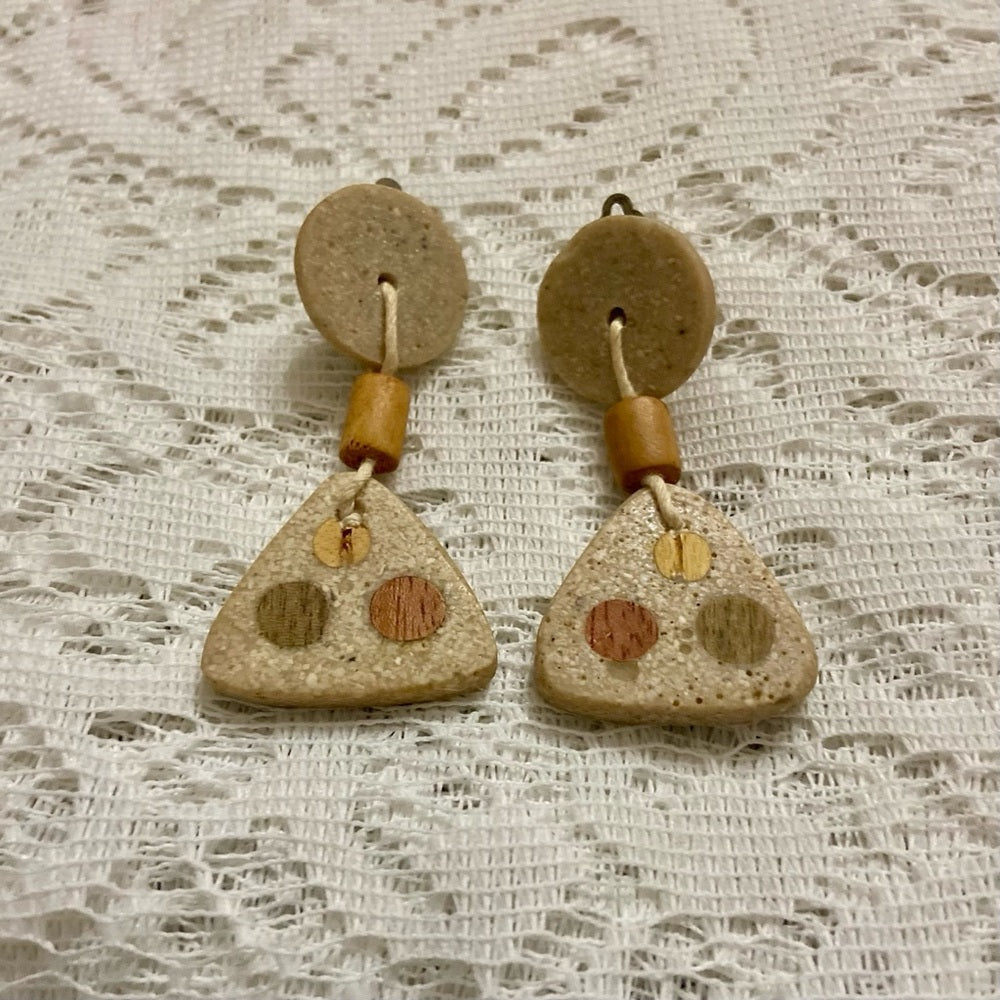 Vintage Carved Stone/ Ceramic Dangling Clip Earrings