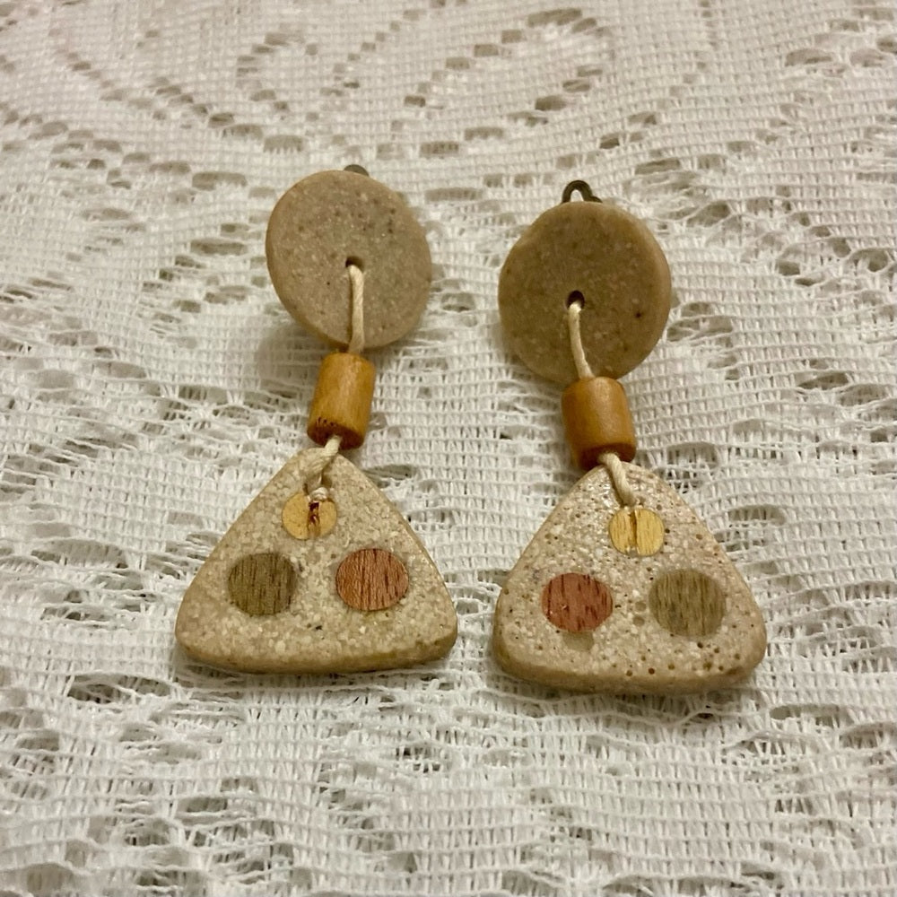 Vintage Carved Stone/ Ceramic Dangling Clip Earrings