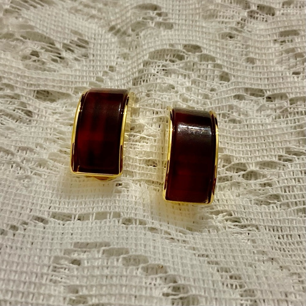 Vintage, Gucci, Italy 1993 Gold -Burgundy Clip Earrings 1.5in x 1/2 in