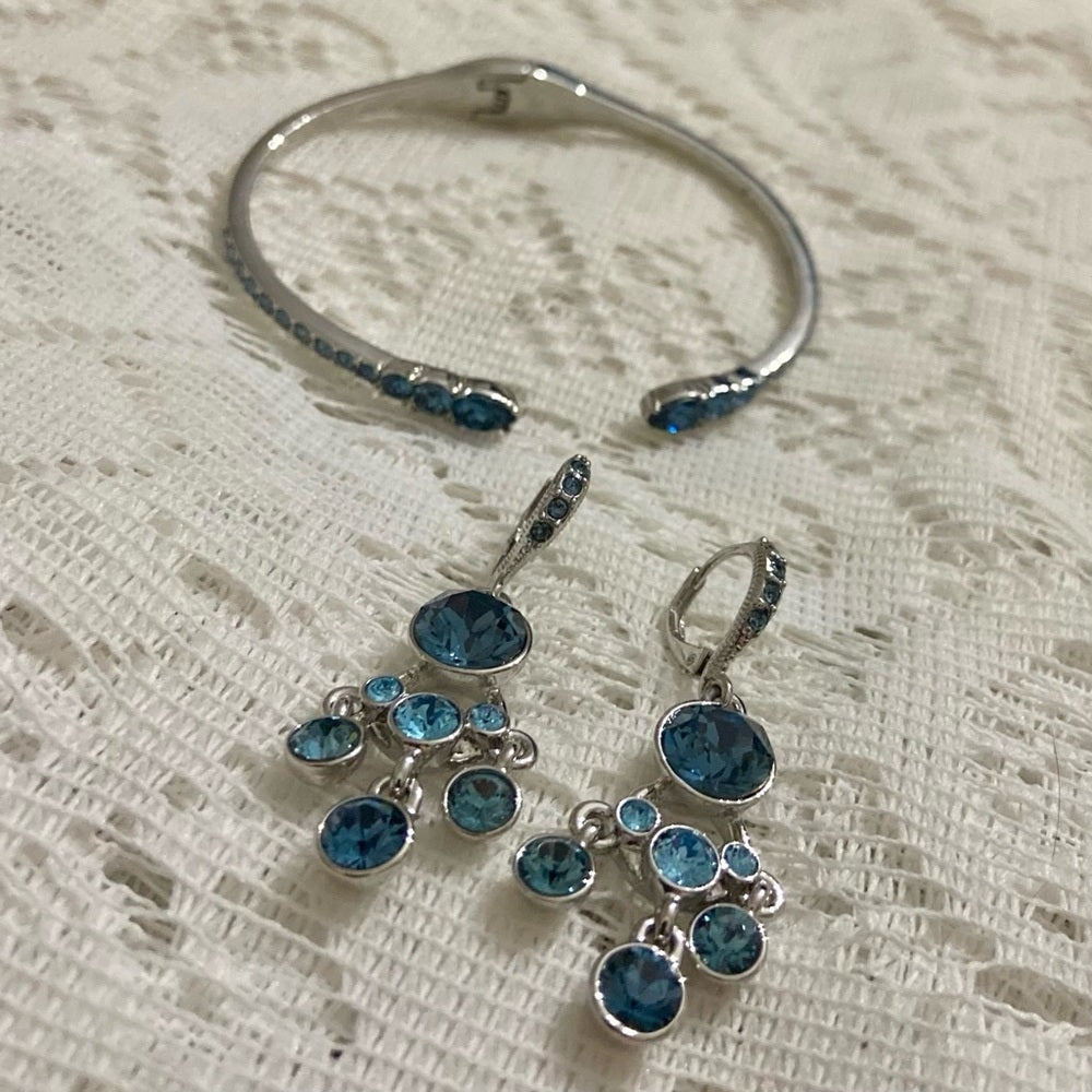 Vintage Givenchy Blue Crystals-Silver Cuff Bangle and Dangling Earrings Set