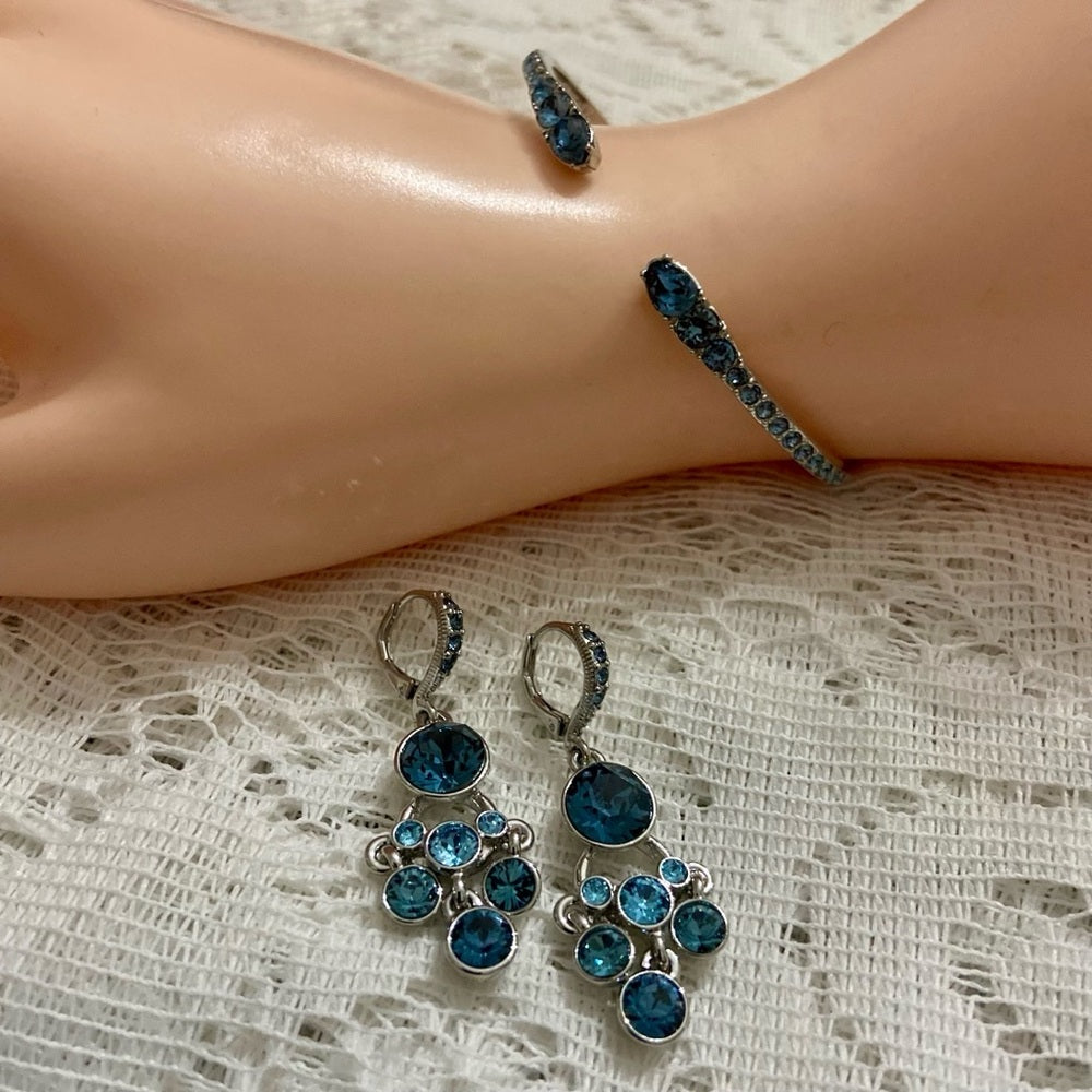 Vintage Givenchy Blue Crystals-Silver Cuff Bangle and Dangling Earrings Set