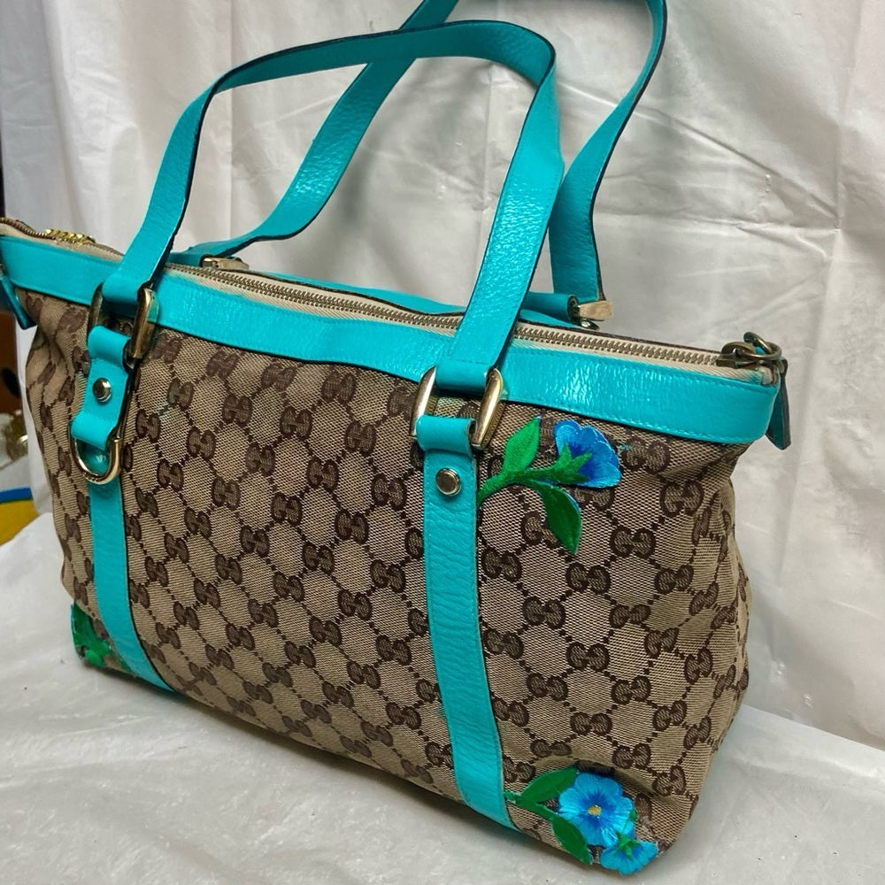 Vintage Gucci, Brown Mono w/ Teal Blue Leather Trim Handbag 13in x 9in x 4in