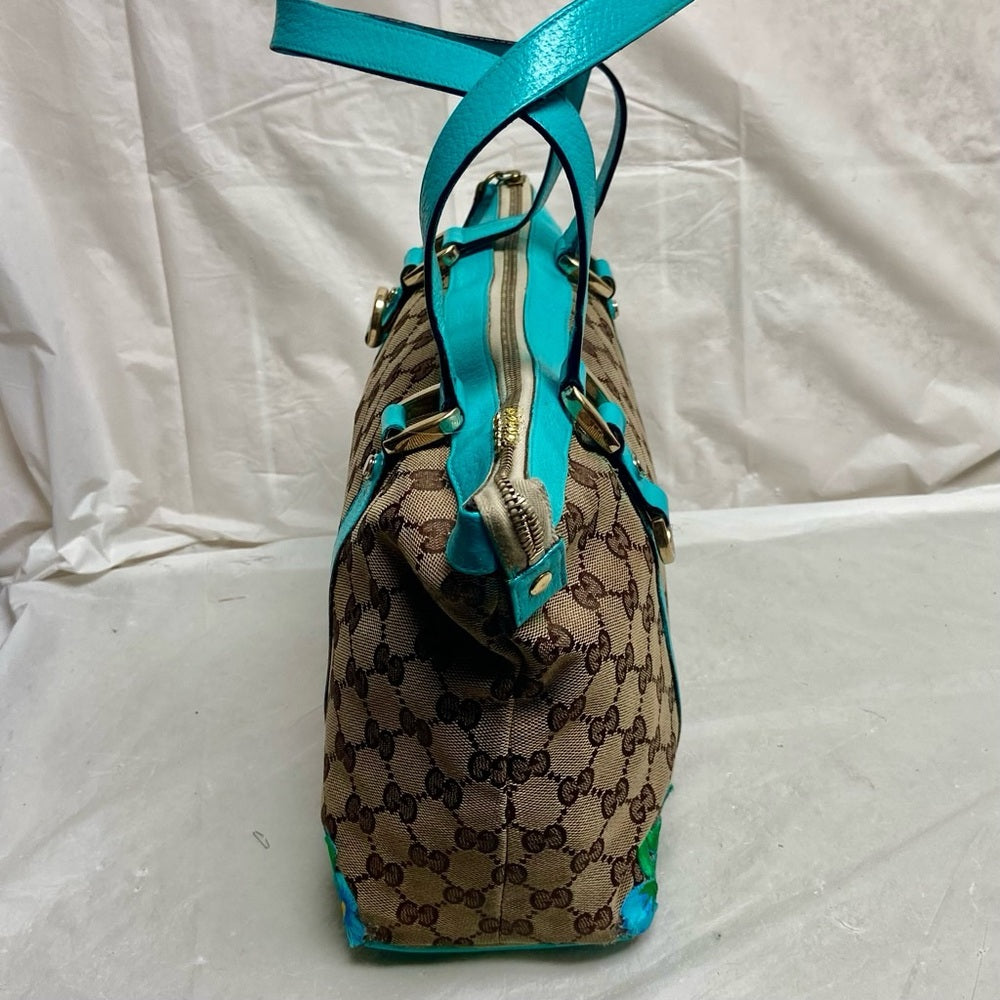 Vintage Gucci, Brown Mono w/ Teal Blue Leather Trim Handbag 13in x 9in x 4in