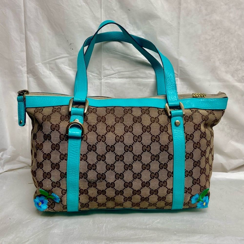 Vintage Gucci, Brown Mono w/ Teal Blue Leather Trim Handbag 13in x 9in x 4in