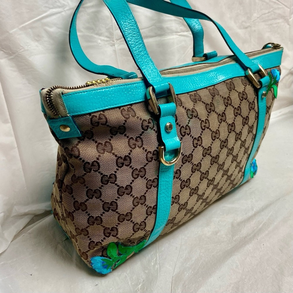 Vintage Gucci, Brown Mono w/ Teal Blue Leather Trim Handbag 13in x 9in x 4in