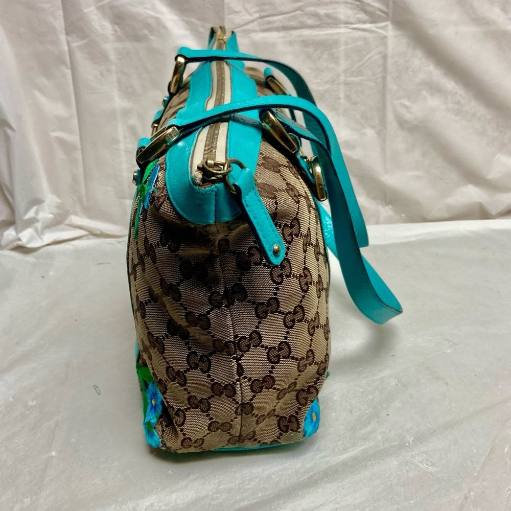 Vintage Gucci, Brown Mono w/ Teal Blue Leather Trim Handbag 13in x 9in x 4in