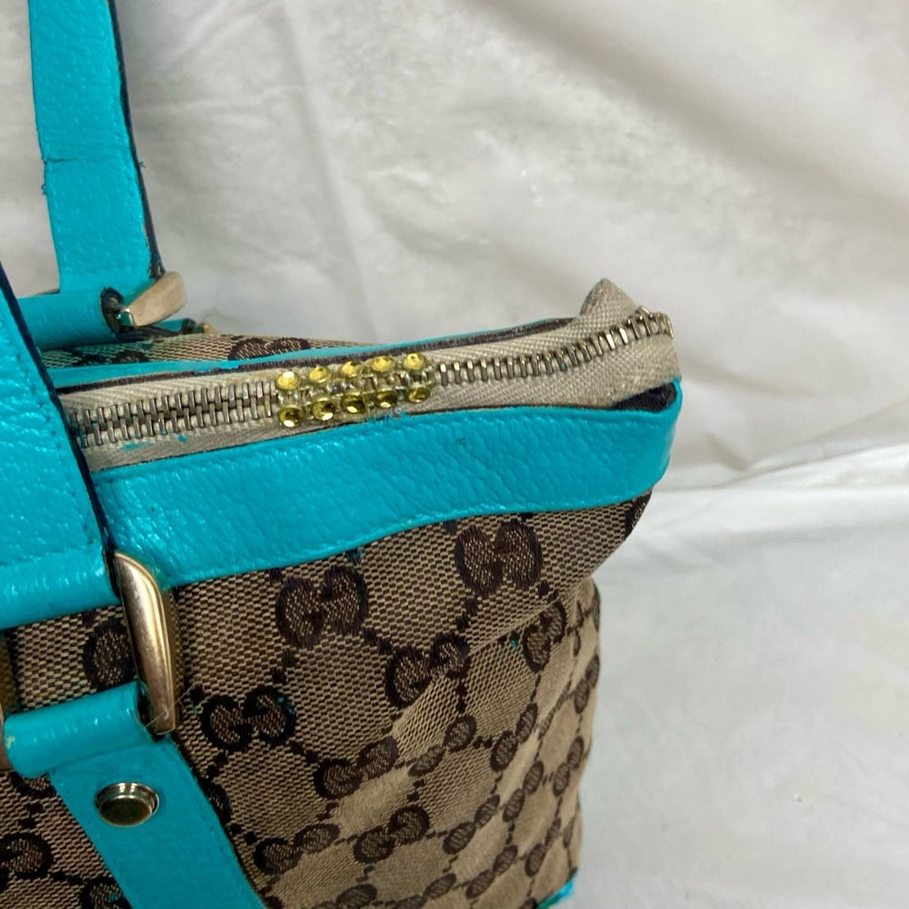 Vintage Gucci, Brown Mono w/ Teal Blue Leather Trim Handbag 13in x 9in x 4in