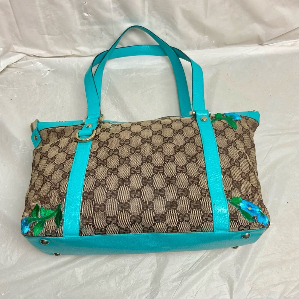 Vintage Gucci, Brown Mono w/ Teal Blue Leather Trim Handbag 13in x 9in x 4in