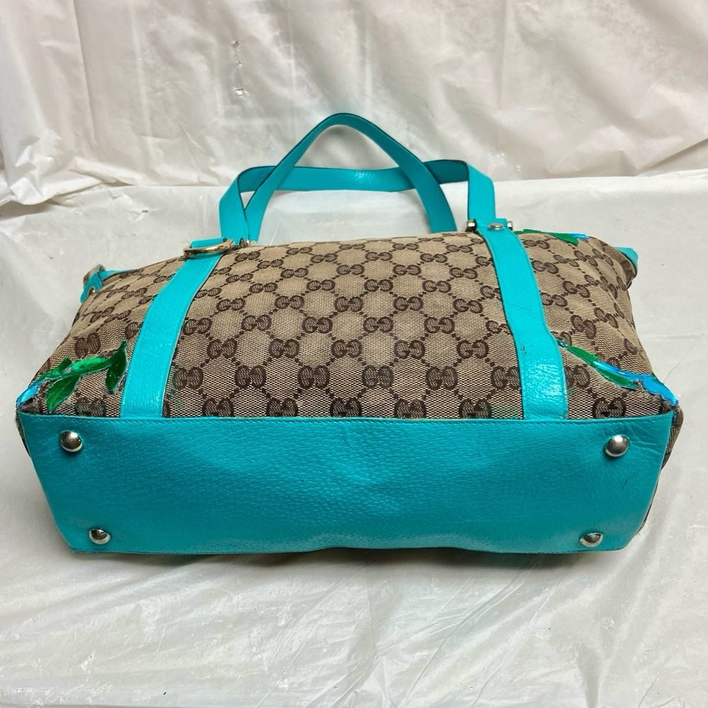 Vintage Gucci, Brown Mono w/ Teal Blue Leather Trim Handbag 13in x 9in x 4in