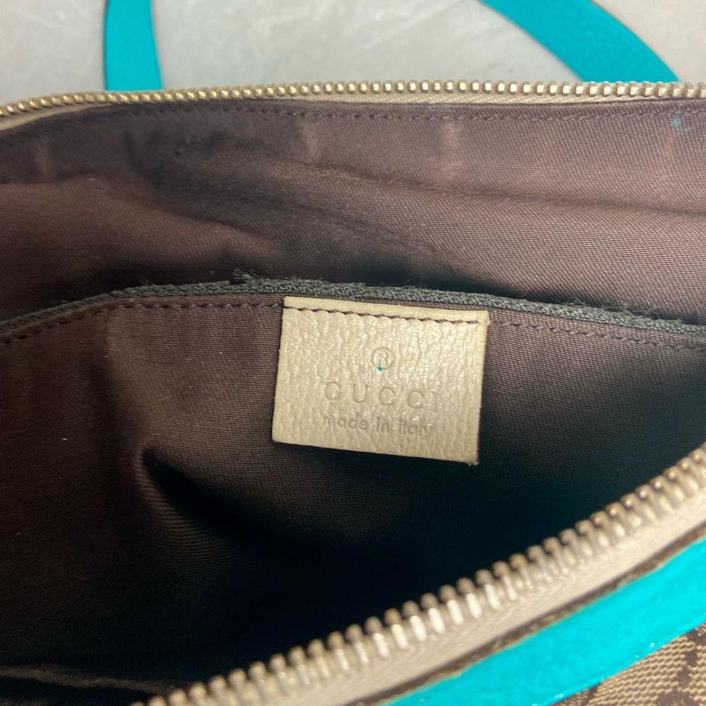 Vintage Gucci, Brown Mono w/ Teal Blue Leather Trim Handbag 13in x 9in x 4in
