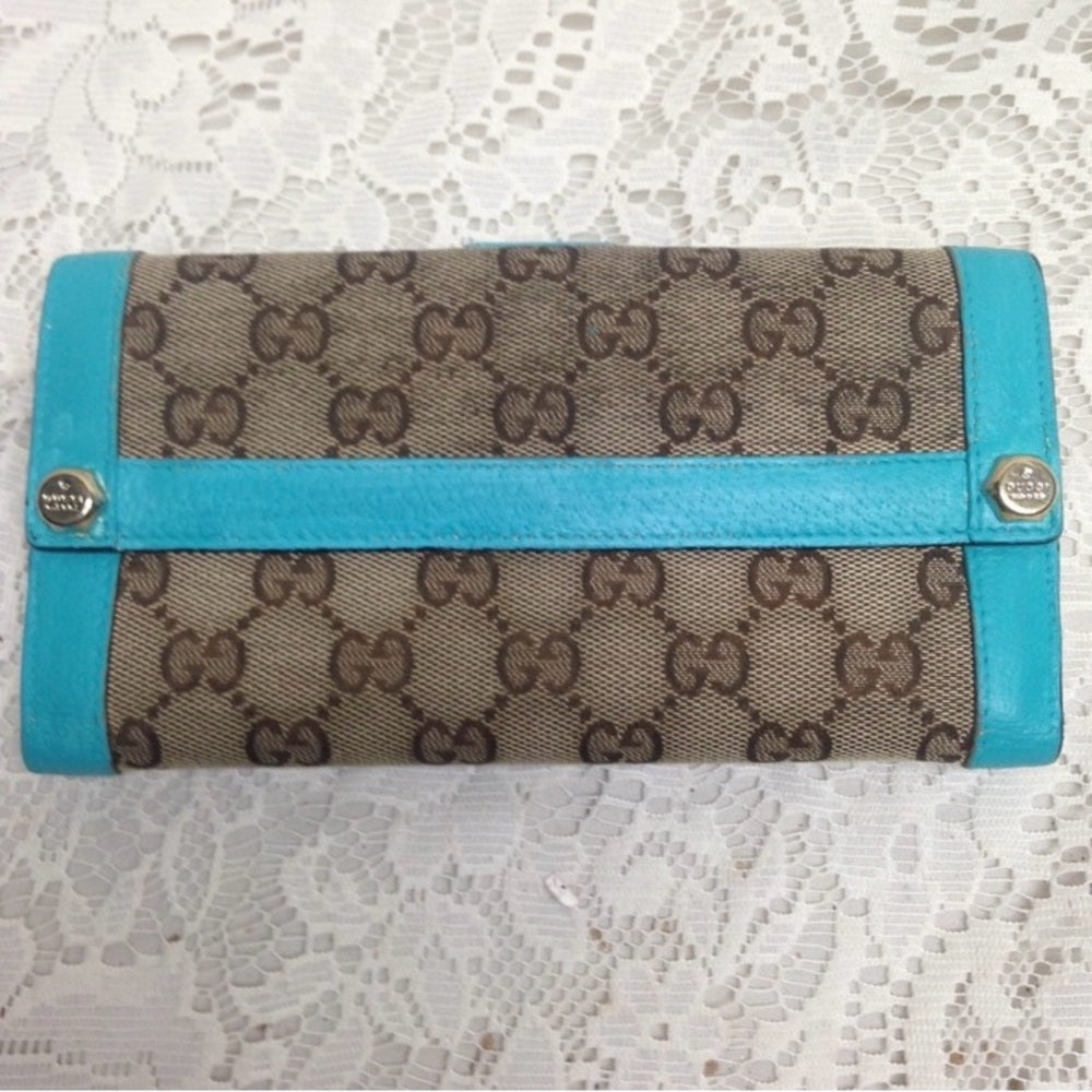 Vintage Gucci, Brown Mono w/ Teal Blue Leather Trim Handbag 13in x 9in x 4in