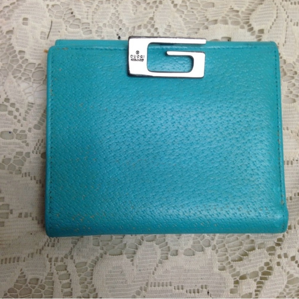 Vintage Gucci, Brown Mono w/ Teal Blue Leather Trim Handbag 13in x 9in x 4in