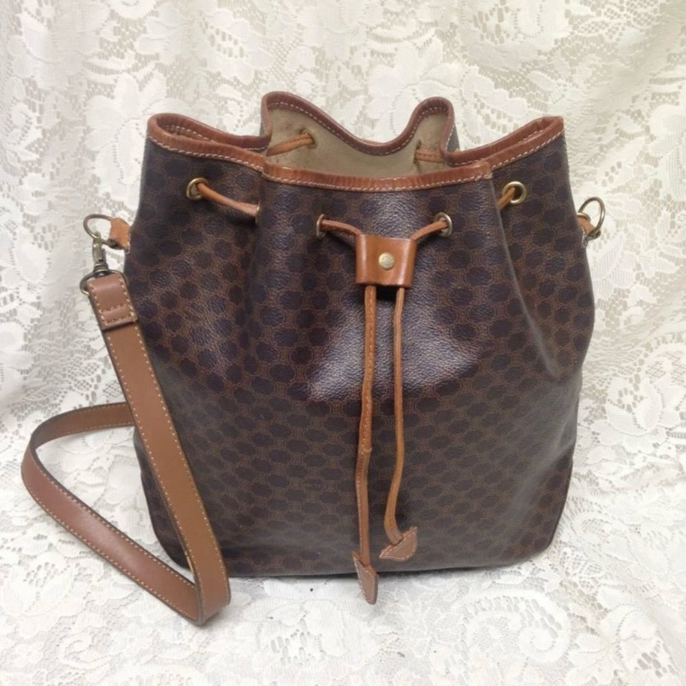 Celine, Italy Brown Macadam Bucket Drawstring Shoulder Bag 12in x 10in x 5in