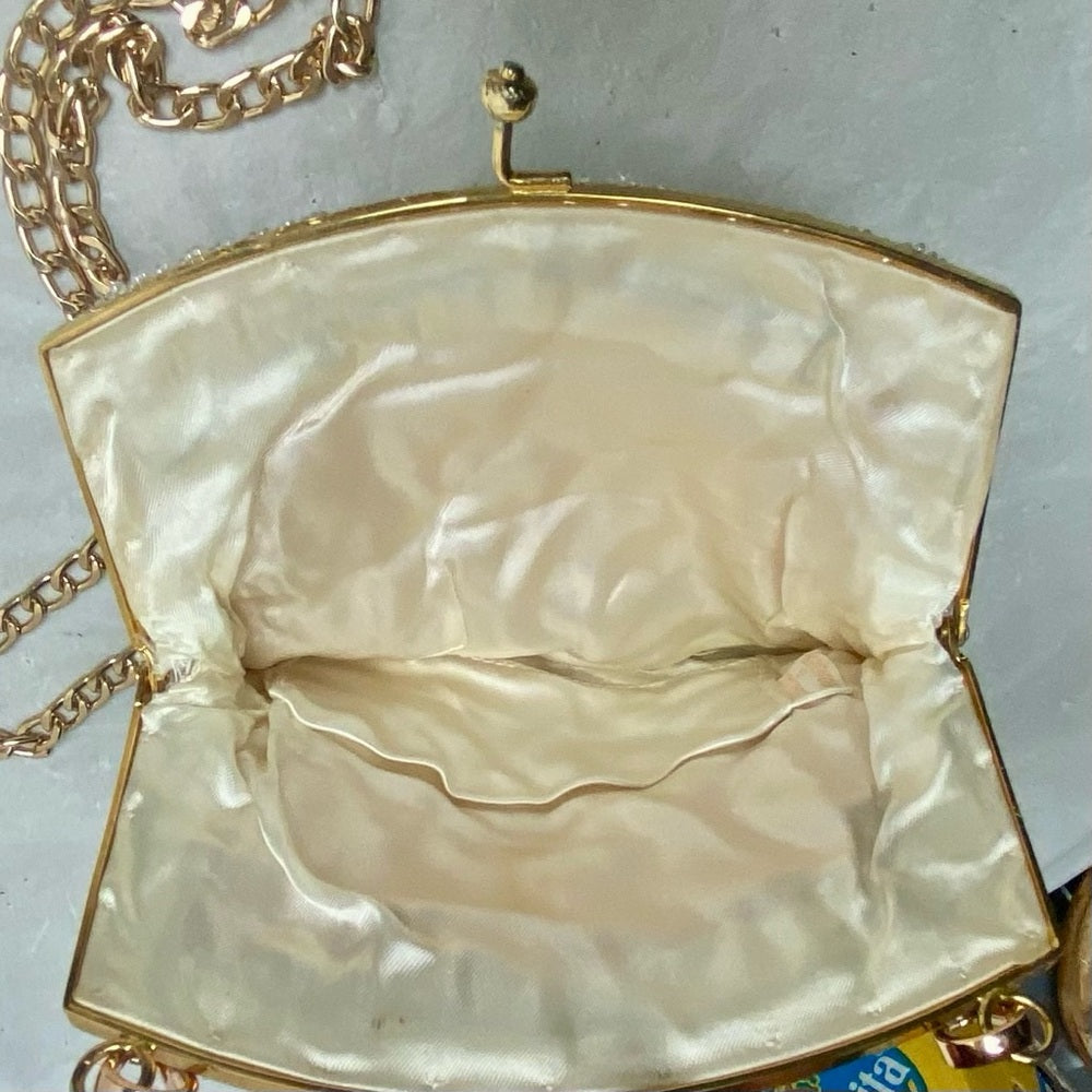 Vintage, White Beaded Shoulder- Evening Bag 6in x 6in