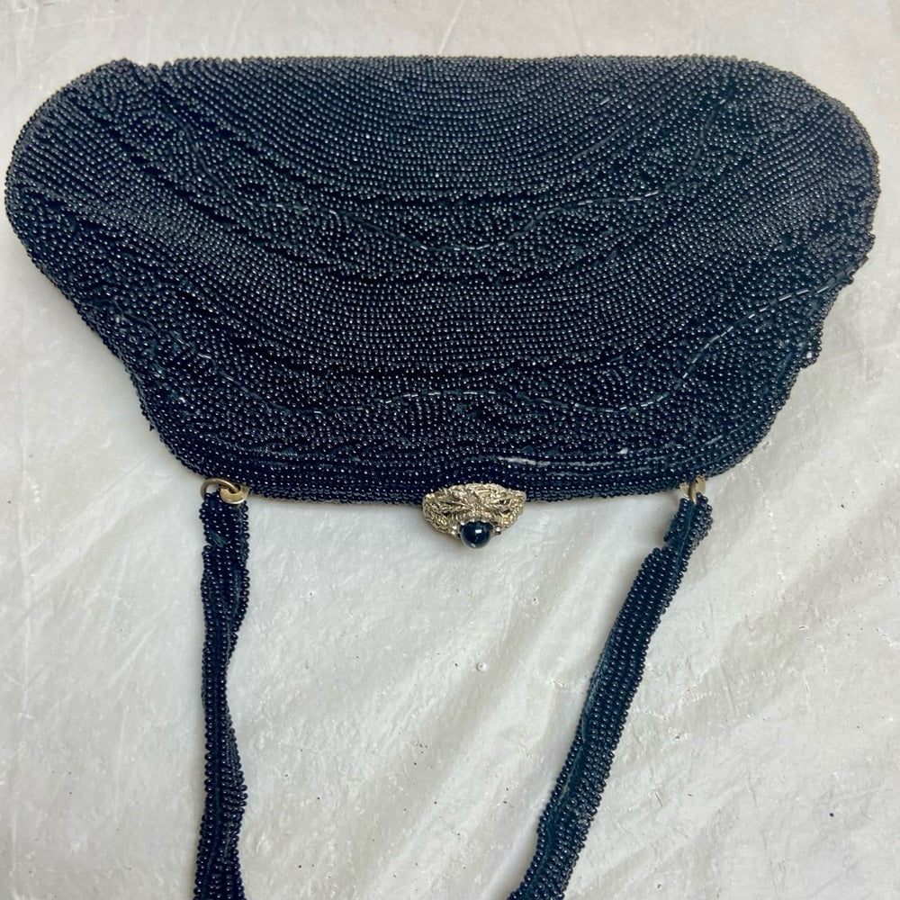 Vintage, Richere, Black Beaded Evening Bag with Rhinestone Clasp 6in x 9in