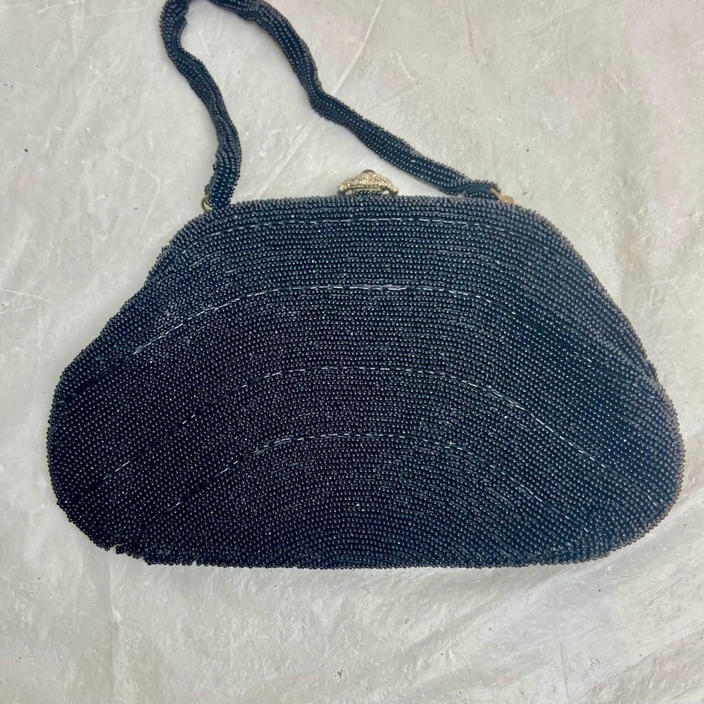 Vintage, Richere, Black Beaded Evening Bag with Rhinestone Clasp 6in x 9in