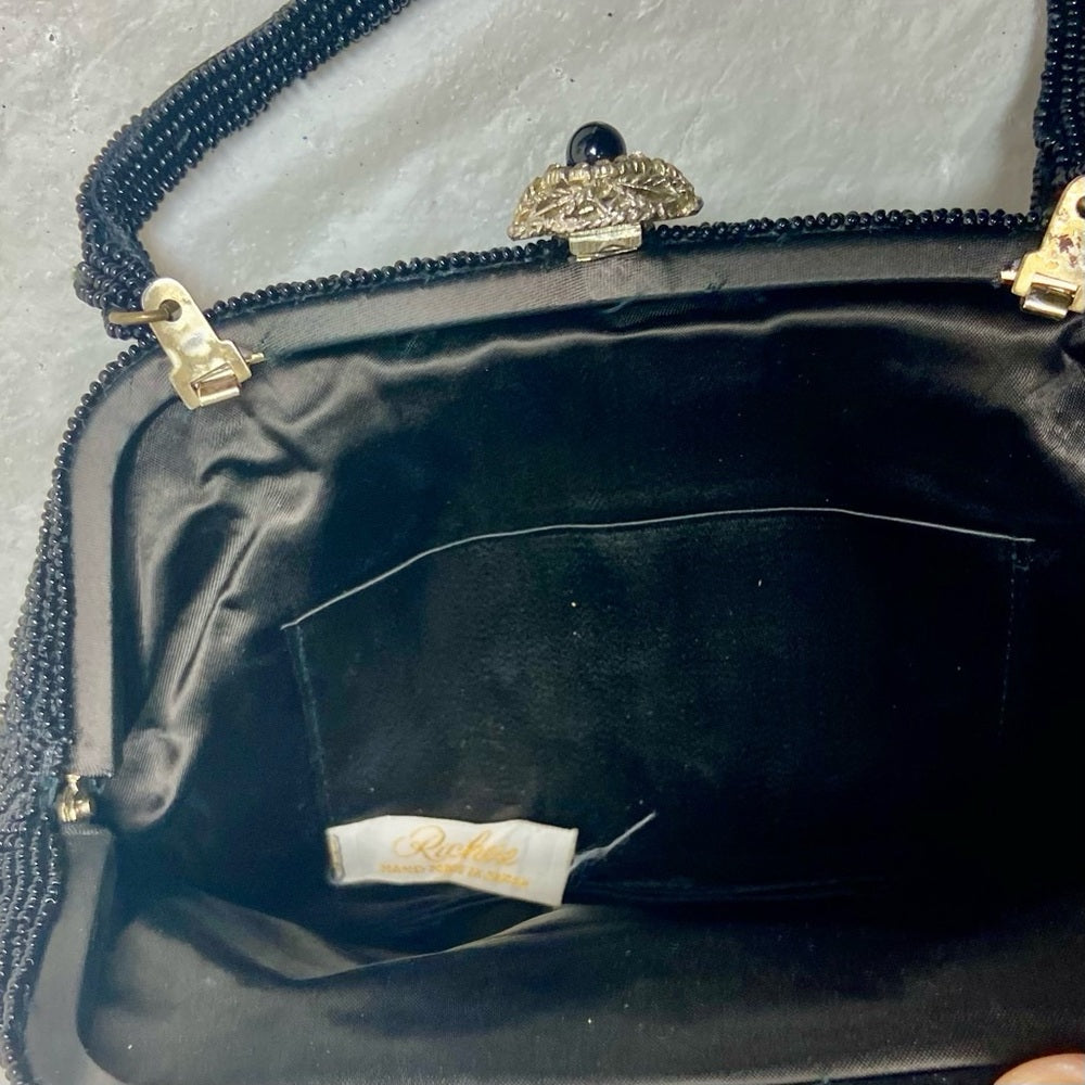 Vintage, Richere, Black Beaded Evening Bag with Rhinestone Clasp 6in x 9in