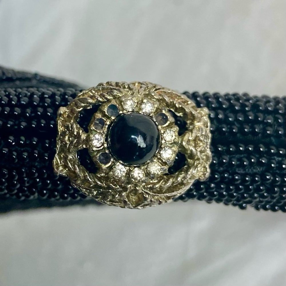 Vintage, Richere, Black Beaded Evening Bag with Rhinestone Clasp 6in x 9in