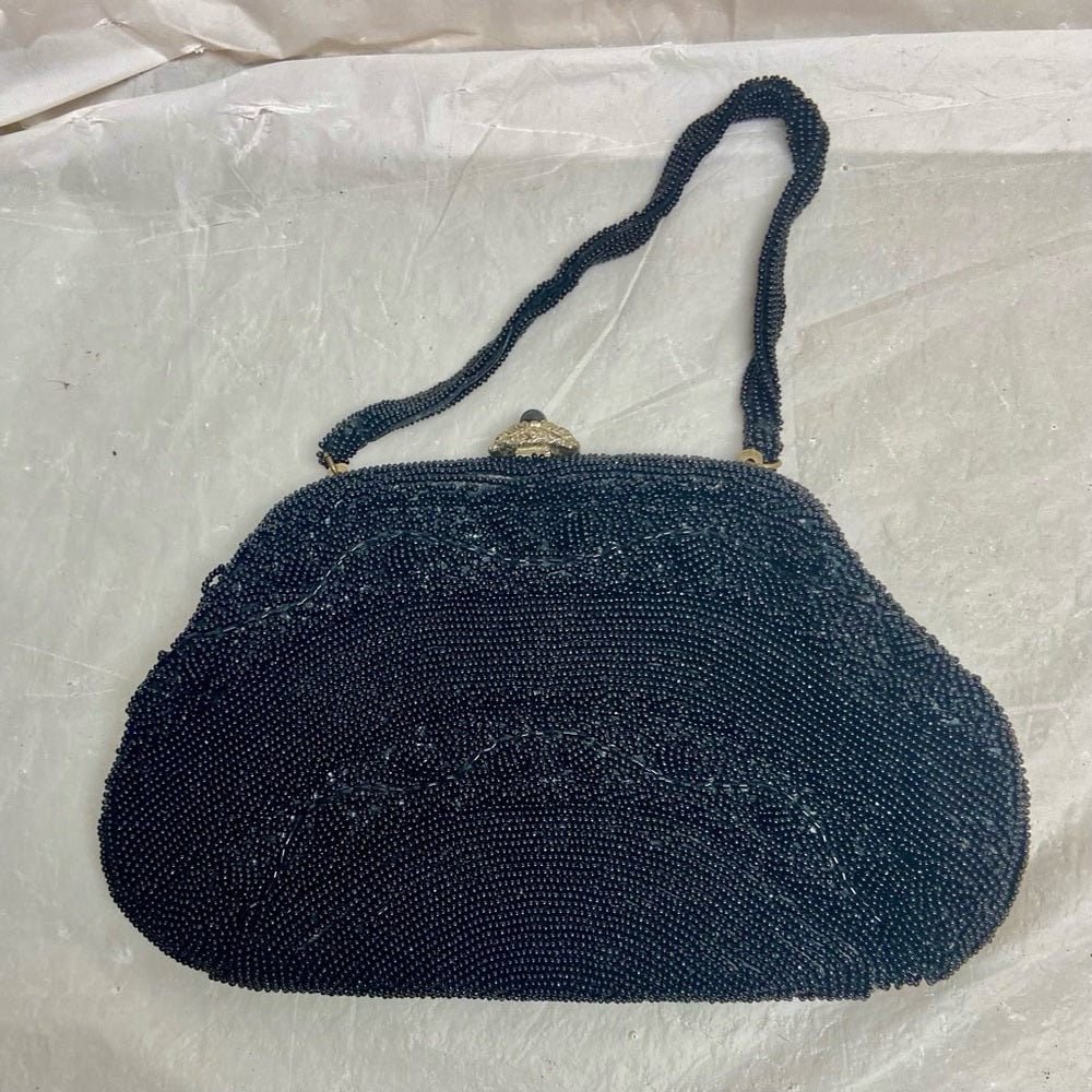 Vintage, Richere, Black Beaded Evening Bag with Rhinestone Clasp 6in x 9in