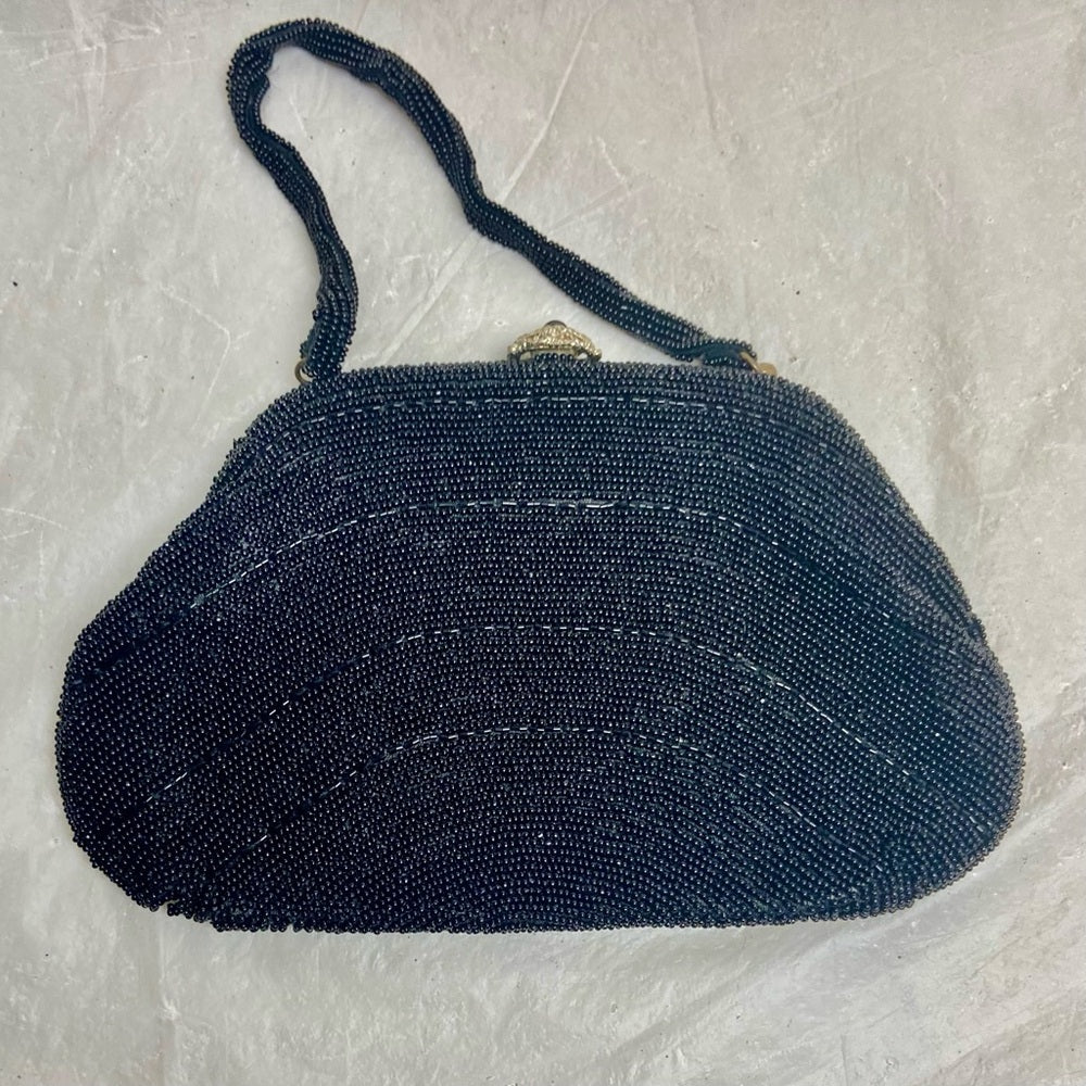 Vintage, Richere, Black Beaded Evening Bag with Rhinestone Clasp 6in x 9in