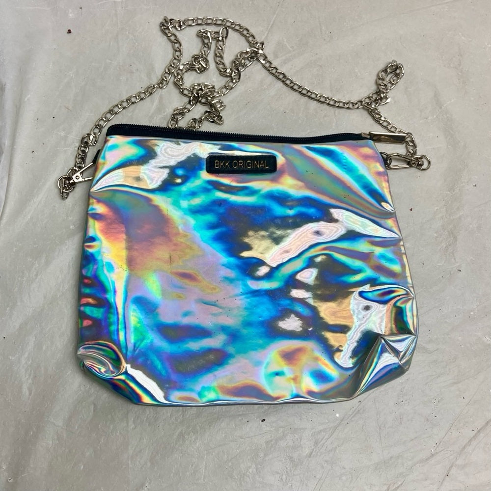 Vintage, BKK Original Silver Metallic Small Crossbody Bag 8in x 7.5in x 1.5in
