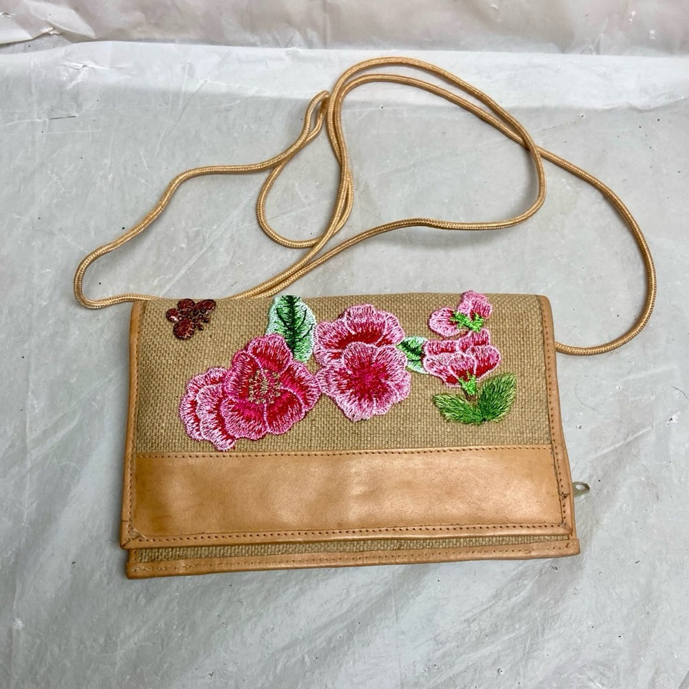 Vintage, Beige Floral Crossbody Bag with Leather Trim 8in x 5in