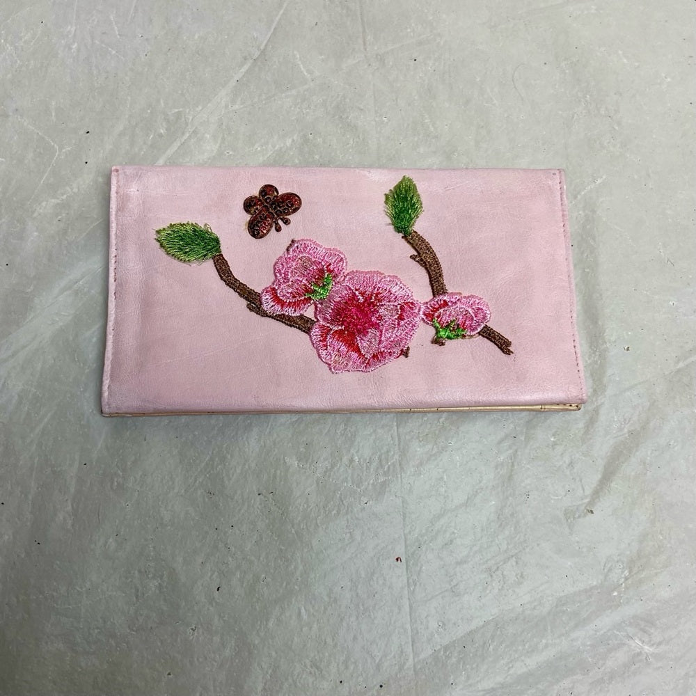 Vintage Pink Leather -Floral Long Wallet 7.5in x 4in