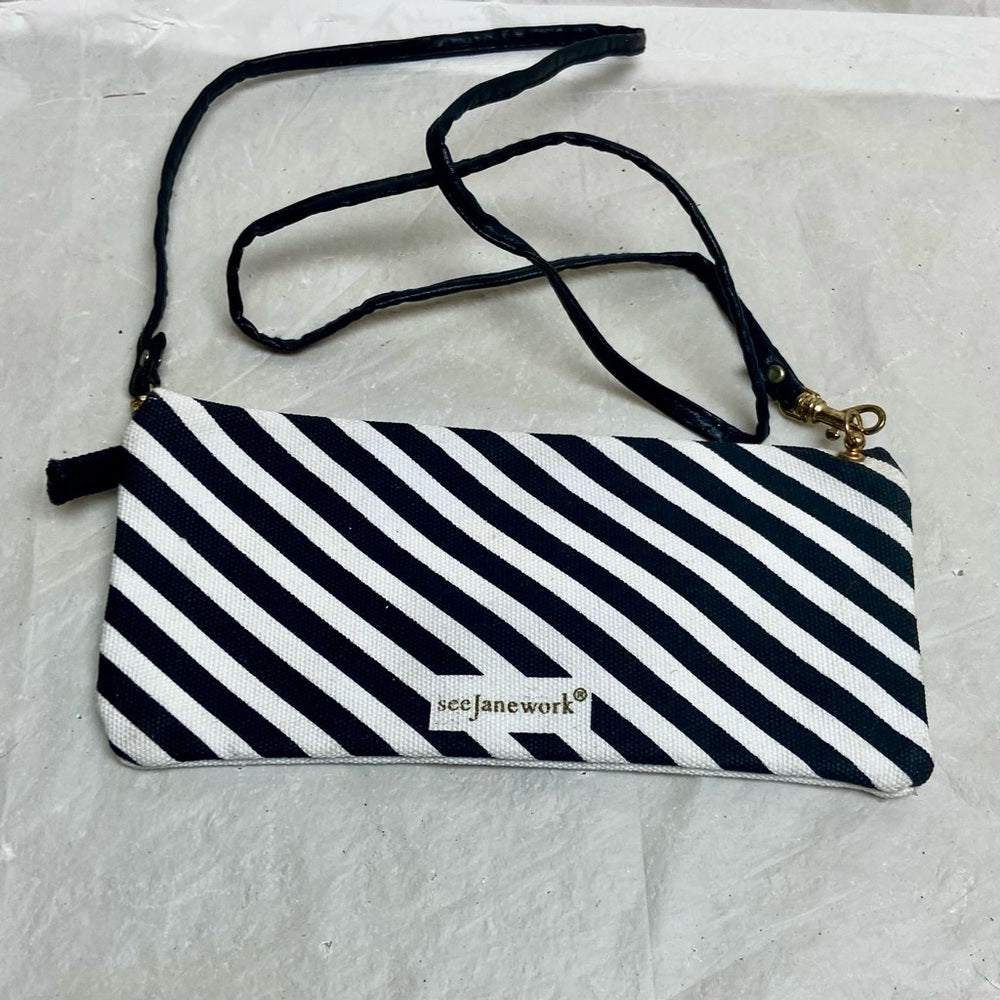 ETC White and Black Stripes Envelope Shoulder Bag- See Jane Work 9in x 4in