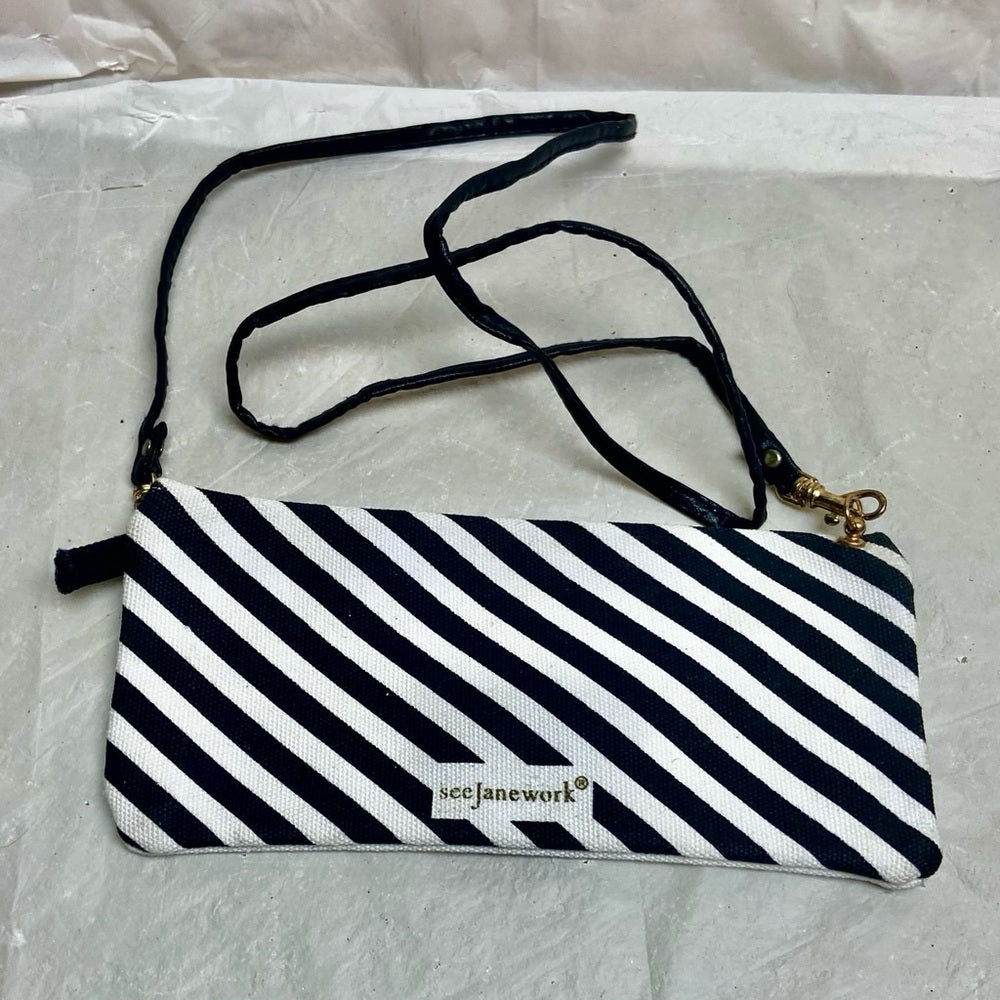 ETC White and Black Stripes Envelope Shoulder Bag- See Jane Work 9in x 4in