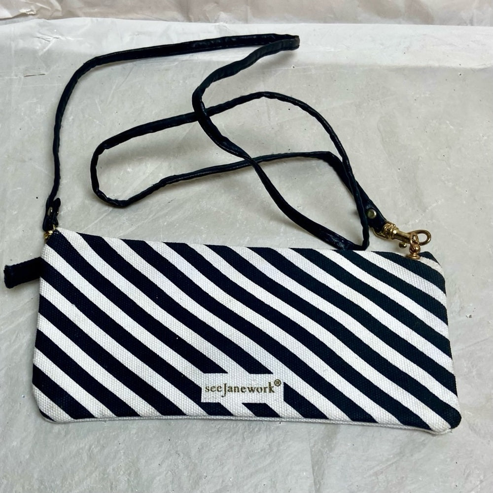 ETC White and Black Stripes Envelope Shoulder Bag- See Jane Work 9in x 4in