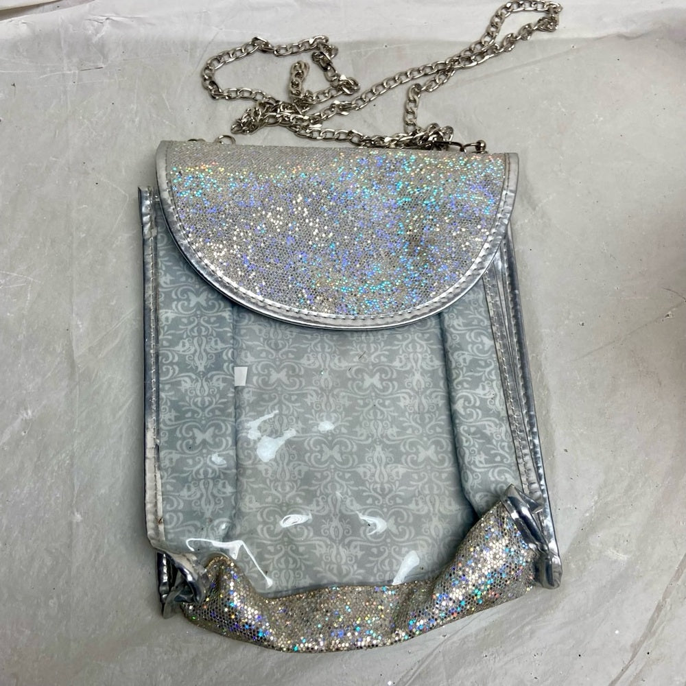 Iridescent Silver Metallic -Clear Crossbody Bag 8in x 7In x 3in (E9525)