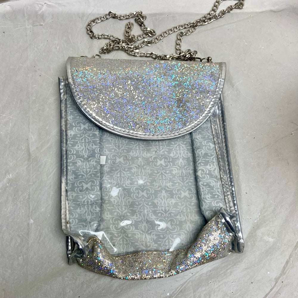Iridescent Silver Metallic -Clear Crossbody Bag 8in x 7In x 3in (E9525)