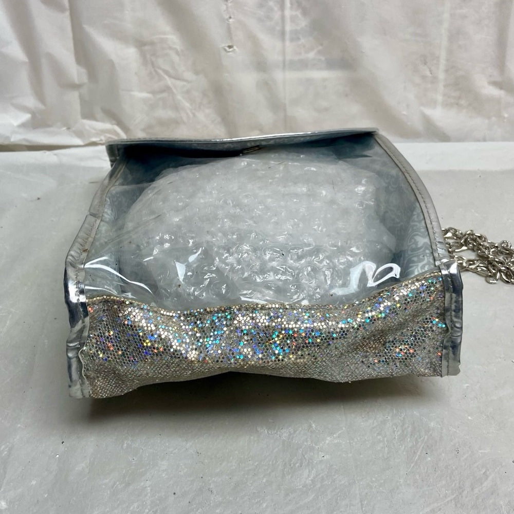 Iridescent Silver Metallic -Clear Crossbody Bag 8in x 7In x 3in (E9525)