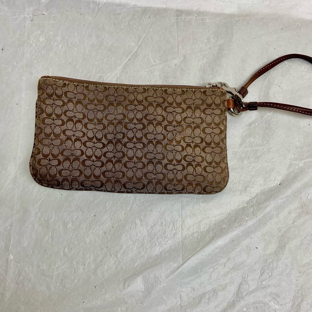 Vintage, Coach Brown Mono Coated Canvas with Tan Leather Compact Wallet-Wristlet
