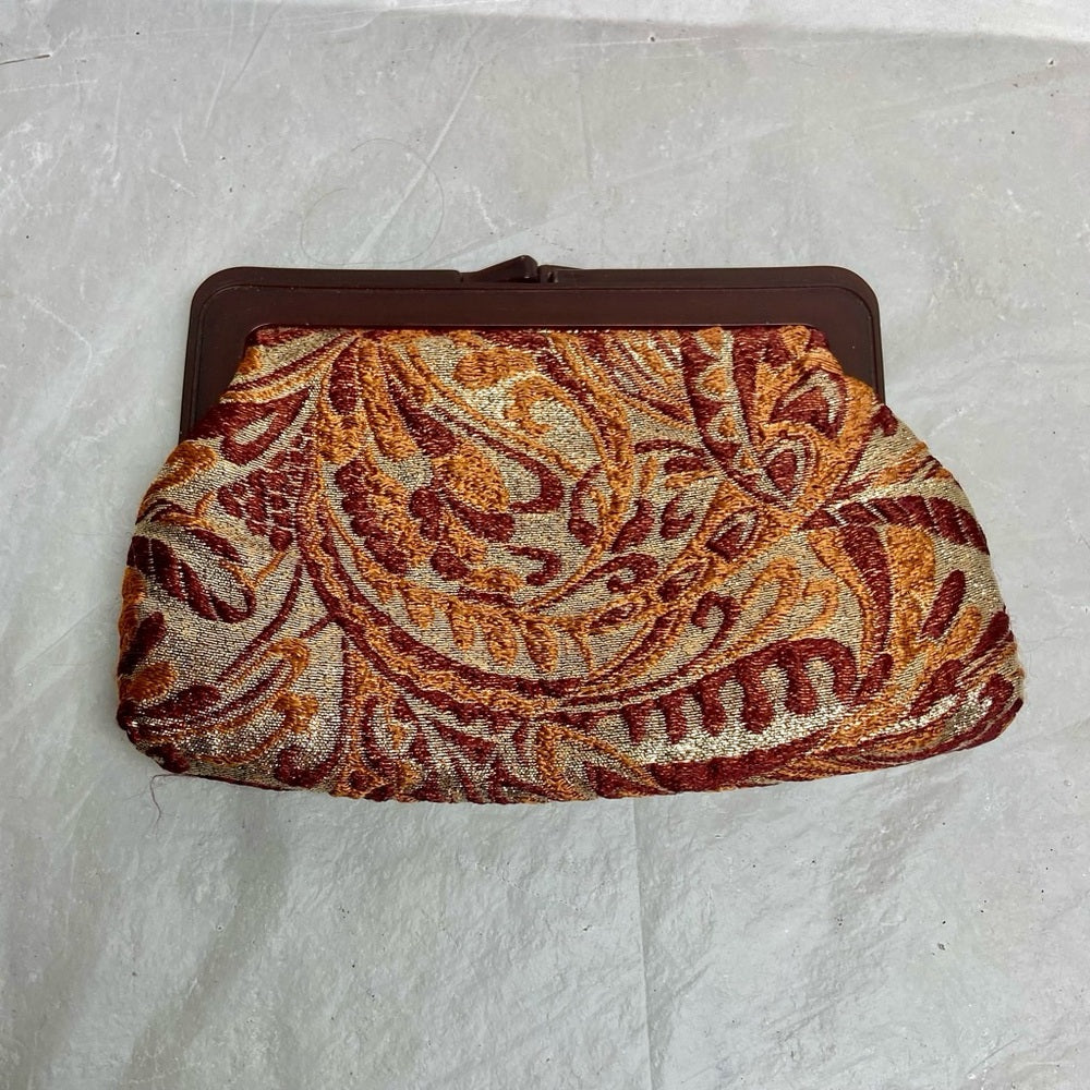 Vintage, Burgundy-Orange Paisley Kisslock Clutch Wallet 8.5in x 5.5in x 1in