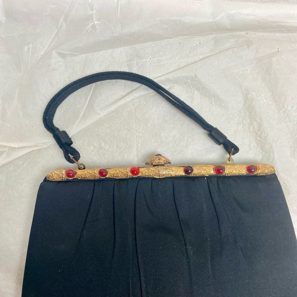 Vintage, Black Satin Evening Bag with Gemstone Clasp , Comb and Coin Purse