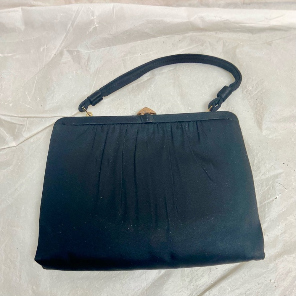 Vintage, Black Satin Evening Bag with Gemstone Clasp , Comb and Coin Purse