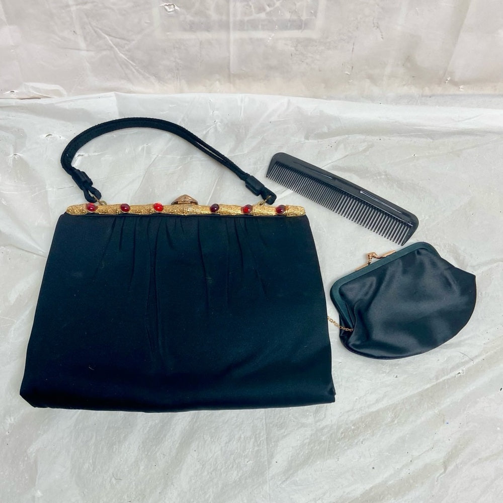 Vintage, Black Satin Evening Bag with Gemstone Clasp , Comb and Coin Purse