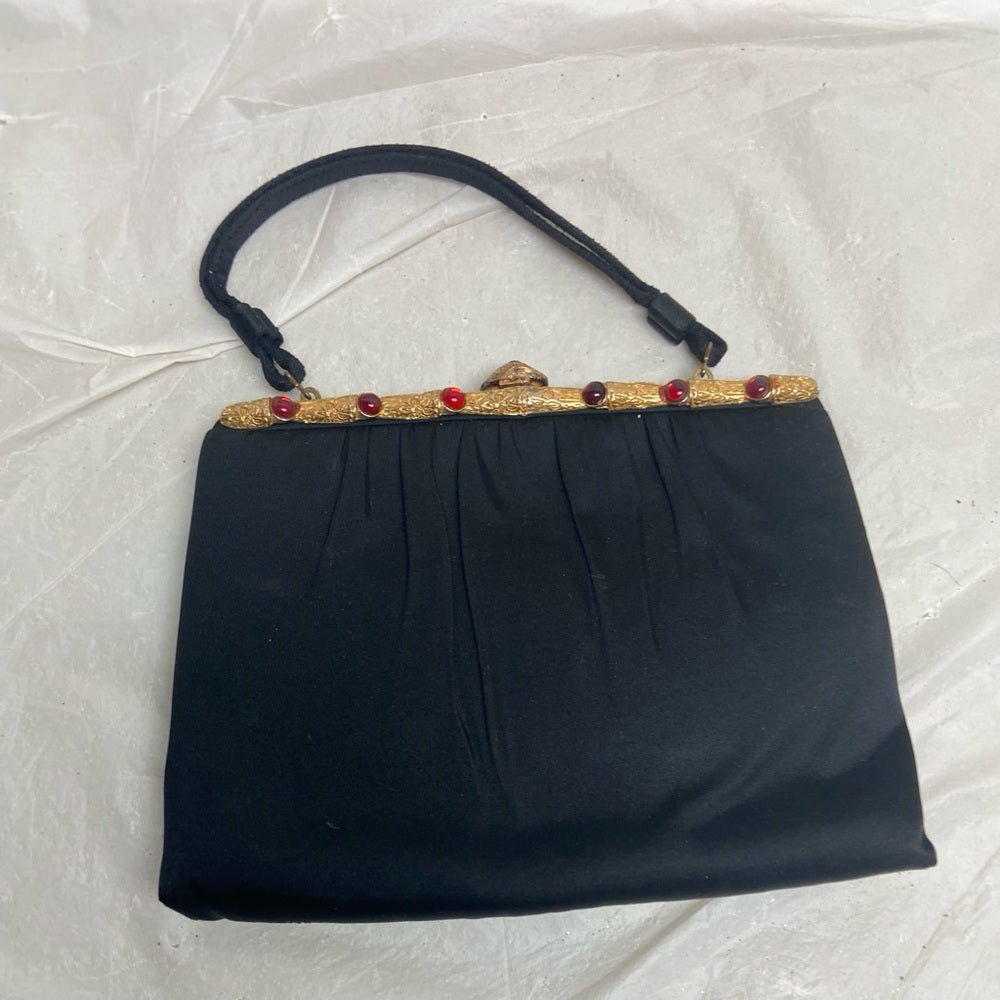 Vintage, Black Satin Evening Bag with Gemstone Clasp , Comb and Coin Purse