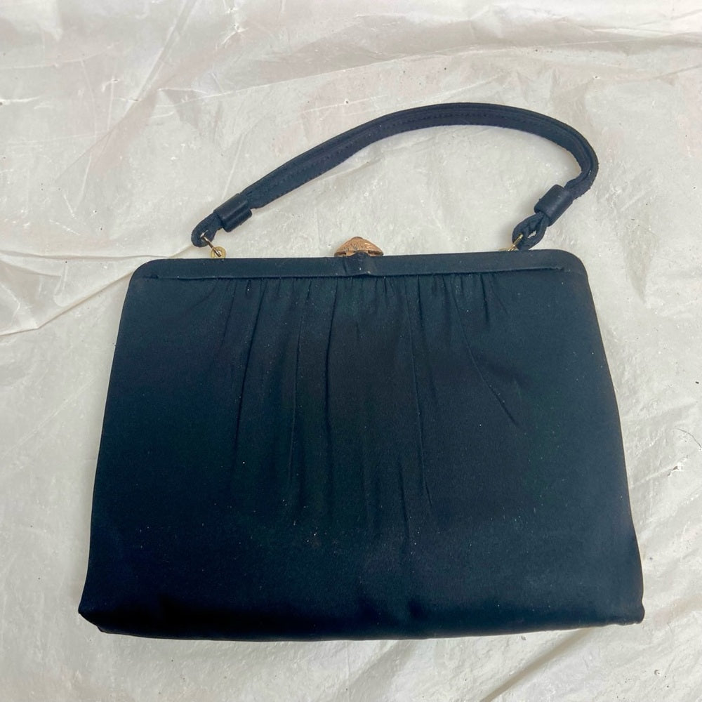 Vintage, Black Satin Evening Bag with Gemstone Clasp , Comb and Coin Purse