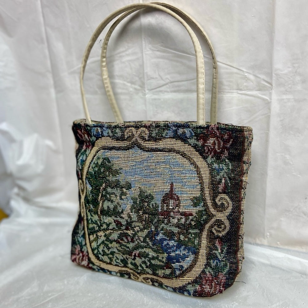 Vintage Scenic Tapestry Hand Bag 8.5in x 8in x 2.5in