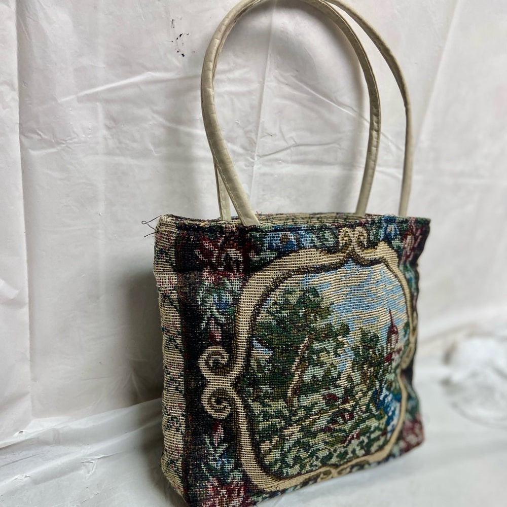Vintage Scenic Tapestry Hand Bag 8.5in x 8in x 2.5in