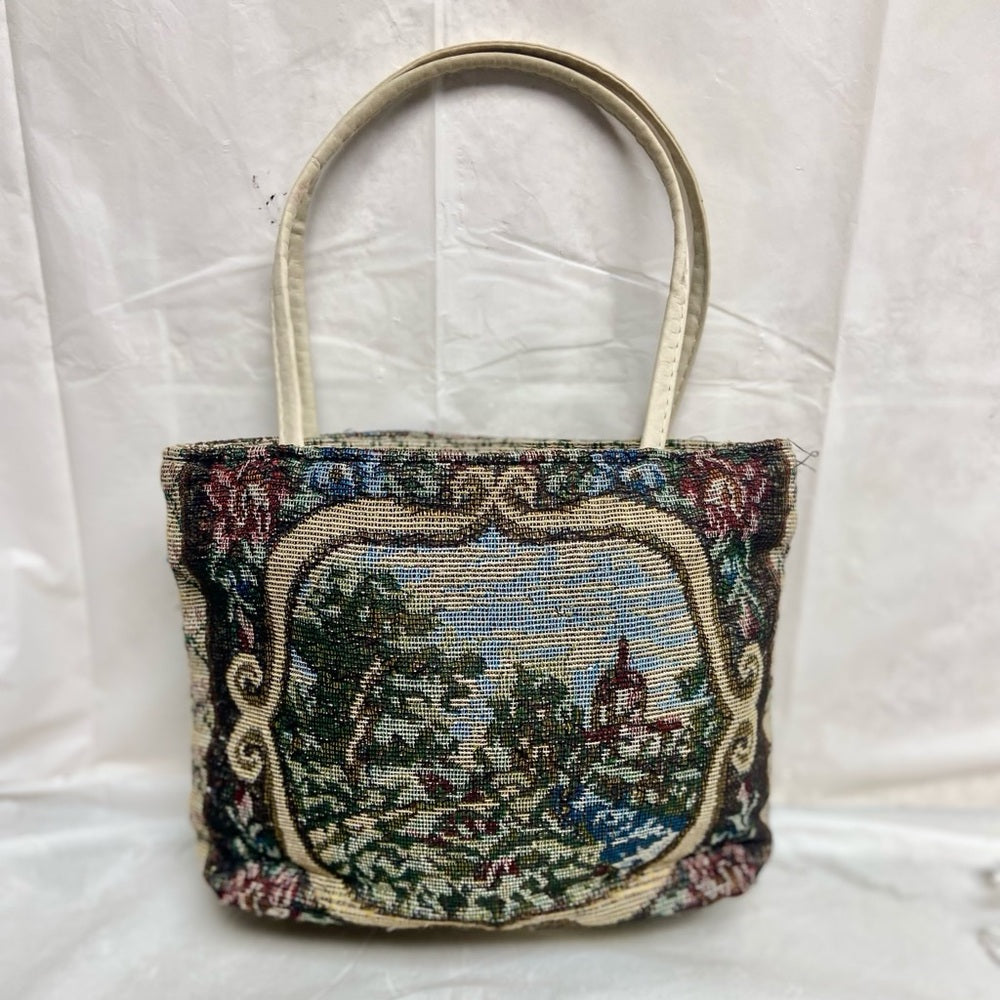 Vintage Scenic Tapestry Hand Bag 8.5in x 8in x 2.5in
