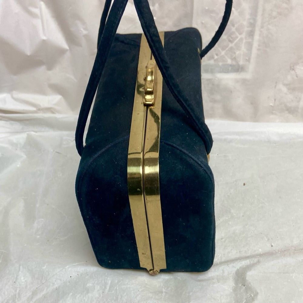 Vintage, Black Suede Leather, Boxy Gold Clasp Handbag 8in x 4.5in x 3.5in