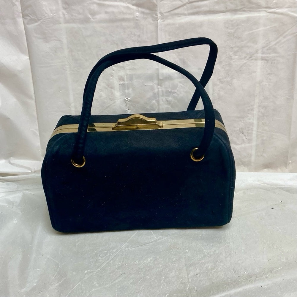 Vintage, Black Suede Leather, Boxy Gold Clasp Handbag 8in x 4.5in x 3.5in