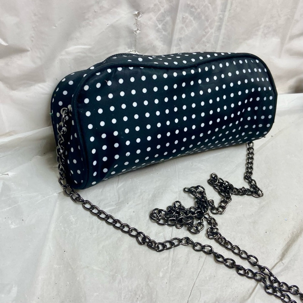 Contents, Black and White Polka Dot Crossbody Bag 8.5in x 4in x 2.5in