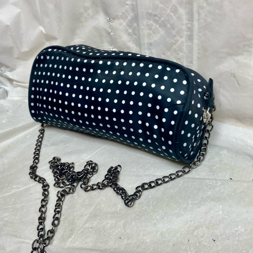 Contents, Black and White Polka Dot Crossbody Bag 8.5in x 4in x 2.5in