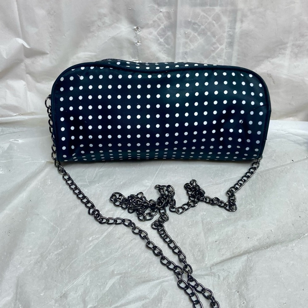 Contents, Black and White Polka Dot Crossbody Bag 8.5in x 4in x 2.5in