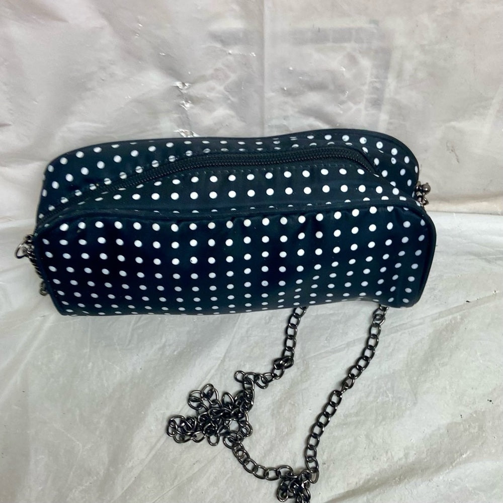Contents, Black and White Polka Dot Crossbody Bag 8.5in x 4in x 2.5in